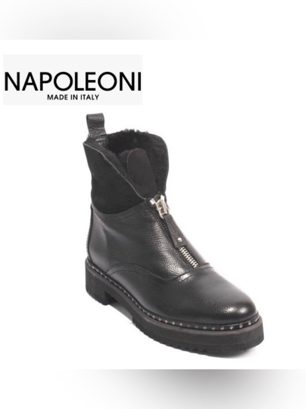 Napoleoni Black Leather Zip-Front Ankle Boot with Shearling Collar